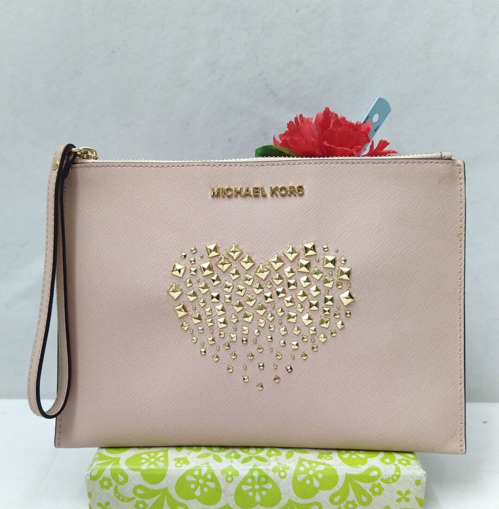 Michael Kors Pink Leather Heart Shape Studded Zipper Credit Card Wallet